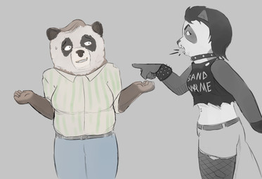 5_fingers age_difference angry anthro belt bent_arm big_breasts biped black_belt black_body black_bracelet black_collar black_ears black_eyebrows black_fur black_hair black_inner_ear black_nose blue_bottomwear blue_clothing blue_pants bodily_fluids bodypaint bottomwear bracelet breast_size_difference breasts brown_belt brown_body brown_fur clothed clothed_anthro clothed_female clothing collar crop_top curved_eyebrows dark_body dark_fur dark_hair duo eyebrows eyelashes face_paint fangs female fingers fishnet_clothing fishnet_legwear frown fully_clothed fully_clothed_anthro fully_clothed_female fur fur_tuft gesture grey_background grey_bottomwear grey_clothing grey_ears grey_inner_ear grey_pants grin grinning_at_another hair hand_gesture head_tuft humanoid_hands jewelry legs_together legwear light_body light_fur looking_at_another mature_anthro mature_female monotone_background multicolored_body multicolored_clothing multicolored_crop_top multicolored_fur multicolored_shirt multicolored_topwear navel navel_piercing nervous nervous_smile nervous_sweat no_irises older_female open_frown open_mouth pants pattern_clothing pattern_shirt pattern_topwear piercing pointing pointing_at_another pointy_ears prick_ears pseudo_hair pupils shirt short_hair simple_background small_pupils smile smiling_at_another snout spiked_bracelet spikes standing striped_clothing striped_shirt striped_topwear stripes studded_collar studs sweat sweatdrop teeth text text_on_clothing text_on_crop_top text_on_shirt text_on_topwear thick_eyebrows thick_thighs topwear tuft two_tone_body two_tone_clothing two_tone_crop_top two_tone_fur two_tone_shirt two_tone_topwear white_body white_fur white_sclera white_text younger_female amomw beneath_the_trees_where_nobody_sees fan_character samantha_strong bear giant_panda mammal 2026 digital_drawing_(artwork) digital_media_(artwork) english_text hi_res