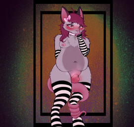 ahoge animal_genitalia anthro balls balls_blush bangs big_tail black_ears blush blushing_profusely bodily_fluids body_blush bow_(feature) bow_ribbon bulge burgundy_hair cheek_tuft chest_tuft choker clothing collar colorful_background digitigrade dripping embarrased_horny embarrassed embarrassed_expression embarrassing_nudity eyebrows eyelashes facial_tuft footwear fully_sheathed genital_fluids genitals glistening hair hand_on_mouth jewelry legwear long_hair long_tail male musk navel necklace nipples overweight panties pattern_clothing pecs pink_body pink_bow pink_clothing pink_ears pink_fingers pink_genitals pink_nose pink_tail pointy_ears precum precum_drip precum_through_clothing precum_through_underwear prehensile_tail red_eyes sheath slightly_chubby socks solo steam steaming_body steamy_breath striped_clothing stripes sweat sweaty_face tail tail_around_leg tail_between_legs tail_coil tail_on_balls tears teary_eyes thick_tail thick_thighs thigh_highs thigh_socks tuft underwear wet wet_clothing wide_hips drhalloway vemmy american_opossum mammal marsupial