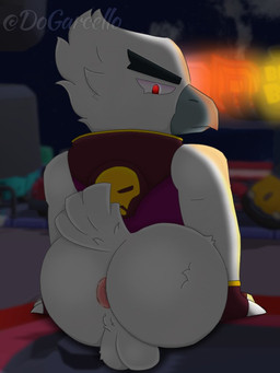 anthro anus backsack balls beak big_butt butt clothing eyelashes feathers genitals gloves handwear looking_down male photo_background purple_clothing rear_view red_eyes sitting solo white_body white_feathers dogacello brawl_stars supercell_(company) crow_(brawl_stars) avian bird corvid oscine passerine 3:4 mixed_media photography_(artwork) signature