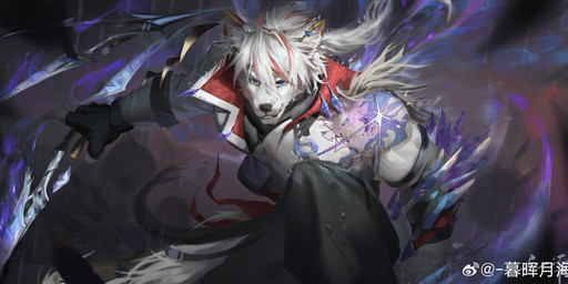 anthro arm_markings blue_eyes bottomwear clothed clothing dagger ear_piercing ear_ring fur gloves grey_bottomwear grey_clothing grey_pants hair handwear inner_ear_fluff magic_user male markings melee_weapon pants piercing ring_piercing smile solo topwear tuft weapon white_body white_clothing white_fur white_hair white_inner_ear_fluff white_topwear awaldkize canid mammal absurd_res hi_res