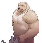 anthro blue_eyes bottomless clothed clothing convenient_censorship ear_piercing ear_ring fur holding_object looking_at_viewer male musclegut muscular muscular_anthro muscular_male open_mouth pecs piercing ring_piercing shirt simple_background solo tank_top teeth topwear watering_can white_background white_body white_fur episode0006 bear mammal absurd_res hi_res