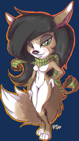 anthro black_eyeshadow black_hair breasts eyeshadow female green_eyes hair makeup mostly_nude navel nude scarf scarf_only solo tail kanogetz canid canine canis deer domestic_dog mammal alpha_channel hi_res