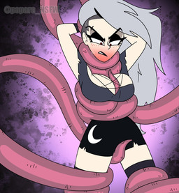 absolute_territory ambiguous_gender angry arms_above_head arms_tied_above_head big_breasts black_bottomwear black_clothing black_eyelids black_shorts black_topwear blush bodily_fluids bottomwear breasts cleavage clothed clothing crescent_moon crotch_rub duo eyebrow_piercing eyelashes facial_piercing female female/ambiguous female_focus grey_hair hair human_focus long_hair moon piercing pink_tentacles red_eyes shorts simple_background solo_focus sweat tentacle_around_arm tentacle_around_breast tentacle_around_leg tentacle_around_neck tentacle_around_waist tentacle_between_breasts tentacle_on_crotch tentacle_under_clothing tentacles topwear poparc_nsfw hellaverse helluva_boss human_loona_(helluva_boss) loona_(helluva_boss) human mammal tentacle_creature 2024 hi_res