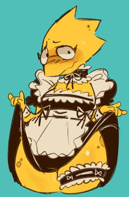 blush bodily_fluids bottomwear bow_accessory clothed clothing clothing_lift dress dress_lift eyewear female frilly frilly_clothing frilly_dress glasses hug legband looking_at_viewer maid_apron maid_uniform shy simple_background skirt skirt_lift solo sweat sweatdrop thick_thighs thighband uniform yellow_body cornymember undertale_(series) alphys reptile scalie 2024 hi_res