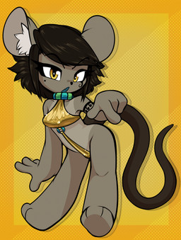 3_toes 4_fingers anthro bikini biped black_hair clothing eyebrows eyelashes feet female fingers fur gesture gold_bikini grey_body grey_fur grey_inner_ear hair hand_gesture inner_ear_fluff long_eyelashes markings mole_(marking) o-ring pointing pointing_down simple_background solo swimwear toes tuft two-piece_swimsuit white_inner_ear_fluff yellow_background yellow_eyes mcsweezy mammal mouse murid murine rodent 2026 digital_media_(artwork) hi_res