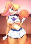 anthro areola areola_slip basketball big_breasts blonde_hair blue_eyes breasts clothed clothing female fur hair half-closed_eyes inside looking_at_viewer narrowed_eyes open_mouth smile solo standing teeth thick_thighs under_boob wide_hips huwon looney_tunes space_jam warner_brothers lola_bunny lagomorph leporid mammal rabbit hi_res