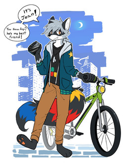 5_fingers anthro bicycle bottomwear city city_background clothing dialogue fingers gloves_(marking) hair holding_object jacket jewelry male markings moon necklace no_shoes pants smile solo speech_bubble star tail topwear vehicle axy_usagi jean_(axy_usagi) mammal procyonid raccoon