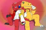 3_fingers 3_toes anthro blush bottomless clothed clothing duo electronics featureless_crotch feet fingers grin hand_holding hand_on_knee hand_on_leg headphones male scar sitting smile toes yellow_body yellow_skin heibanhikaru bandai_namco digimon mythology axl_shoutmon fan_character rex_the_agumon agumon digimon_(species) dragon mythological_creature mythological_scalie scalie shoutmon signature