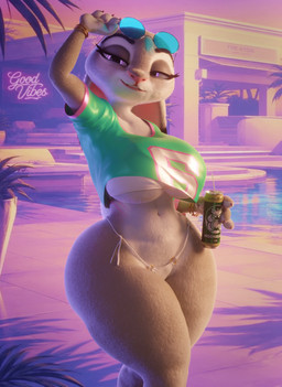 anthro big_breasts bracelet breasts can clothing container eyewear eyewear_on_head female g-string holding_can holding_container holding_object jewelry outside pink_eyes raised_arm smile solo sunglasses sunglasses_on_head thick_thighs under_boob underwear wearing_sunglasses wide_hips vllrukkin scrag_(modeler) disney grand_theft_auto gta_vi_cover_girl rockstar_games zootopia judy_hopps lagomorph leporid mammal rabbit 3d_(artwork) absurd_res digital_media_(artwork) hi_res