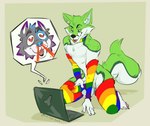 accessory anime_nosebleed anthro arm_warmers armwear balls black_nose blood bodily_fluids clothed clothing collar computer duo electronics erection fur genitals green_body green_eyes green_fur hair laptop leg_warmers legwear lgbt_pride male male/male multicolored_arm_warmers multicolored_armwear multicolored_clothing multicolored_collar multicolored_genitals multicolored_leg_warmers multicolored_legwear multicolored_penis multicolored_thigh_highs nosebleed nude open_mouth penis pride_color_accessory pride_color_arm_warmers pride_color_armwear pride_color_clothing pride_color_collar pride_color_genitals pride_color_leg_warmers pride_color_legwear pride_color_penis pride_color_thigh_highs pride_colors rainbow rainbow_armwear rainbow_clothing rainbow_collar rainbow_legwear rainbow_penis rainbow_pride_colors rainbow_thigh_highs simple_background six-stripe_rainbow_pride_colors smile speech_bubble thigh_highs tongue video_call white_body white_fur emufur fidget_the_fox kyro_the_husky canid canine canis domestic_dog fox husky mammal nordic_sled_dog spitz digital_media_(artwork) signature