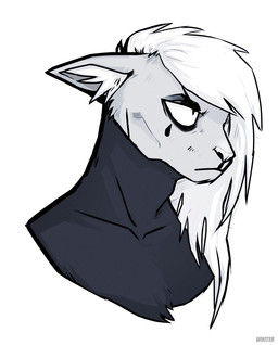 anthro ears_back facial_markings female fur hair head_markings inner_ear_fluff long_hair markings mouth_closed pivoted_ears simple_background solo text tuft unknowhiter 2015 artist_name bust_portrait monochrome portrait