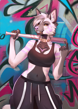 5_fingers anthro baseball_bat bat_(object) biped bottomwear bra breasts cheek_tuft chest_tuft claws clenched_teeth clothed clothed_anthro clothed_female clothing collar facial_tuft female finger_claws fingers front_view fully_clothed fully_clothed_anthro fully_clothed_female fur hair holding_baseball_bat holding_object inner_ear_fluff looking_at_viewer navel pants pink_stripes red_eyes smile solo spiked_collar spikes sports_bra standing striped_body striped_fur stripes tail teeth topwear tuft underwear white_body white_fur white_hair white_tail yellow_sclera yoke_pose dannoitanart yeenna_(monstercheetah) hyena mammal 2025 digital_drawing_(artwork) digital_media_(artwork) hi_res