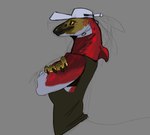 anthro baseball_cap breasts clothing crossed_arms ear_piercing female fin flesh_tunnel gauged_ear hat headgear headwear nails non-mammal_breasts piercing red_body red_scales scales shirt solo tank_top topwear yellow_eyes velow shoyu_(velow) fish marine salmon salmonid_(fish) sockeye_salmon