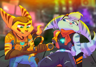 anthro blue_body blue_eyes blue_fur damaged_clothing duo ear_piercing ear_ring female fixing fur green_eyes grumpy head_tuft male piercing prosthetic prosthetic_arm prosthetic_limb ring_piercing scarf stripes tuft wounded yellow_body yellow_fur monkey_art ratchet_and_clank sony_corporation sony_interactive_entertainment ratchet_(ratchet_and_clank) rivet_(ratchet_and_clank) lombax mammal absurd_res hi_res