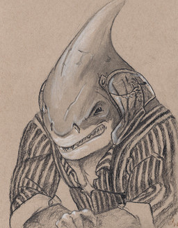 anthro clothed clothed_anthro clothed_male clothing countershade_face countershading fangs fin fin_scar frown gills head_fin head_gills head_scar looking_at_viewer male open_clothing open_shirt open_topwear pattern_clothing pattern_shirt pattern_topwear scar scowl shirt snarling solo striped_clothing striped_shirt striped_topwear stripes teeth topwear deriaz fish great_white_shark mackerel_shark marine shark white_shark 2014 graphite_(artwork) half-length_portrait monochrome portrait sepia traditional_media_(artwork)