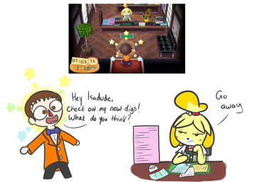 annoyed anthro arms_bent asking asking_another bangs bell_hair_tie black_bottomwear black_clothing black_eyes black_pants black_sofa blonde_hair blue_bow_tie bottomwear bow_tie brown_eyes brown_hair button_(fastener) chair clothed clothed_female clothed_human clothed_male clothing date desk dialogue duo envelope featureless_arms featureless_hands female floor floppy_ears flower fully_clothed fully_clothed_human fully_clothed_male furniture green_clothing green_topwear green_vest hair holding_object holding_pen inside looking_at_another lop_ears male male_human mouth_closed nickname no_pupils office_chair on_chair open_mouth open_smile orange_clothing orange_ears orange_hair orange_suit pants paper pen plant plant_pot ponytail potted_plant pupils question red_bow_tie red_hair_tie red_nose screencap short_hair simple_background sitting sitting_on_chair smile sofa standing star_(shape) suit sunflower table tan_body tan_skin text time topwear tree triangle_nose vest white_background white_dress_shirt white_pupils window wood wood_floor cookieboy011 animal_crossing nintendo isabelle_(animal_crossing) villager_(animal_crossing) canid canine canis domestic_dog human mammal shih_tzu toy_dog 2018 digital_drawing_(artwork) digital_media_(artwork) english_description english_text flat_colors reference_image