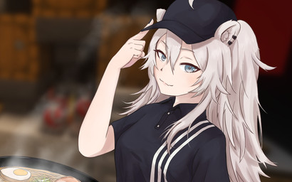 black_clothing black_hat black_headwear blurred_background clothing ear_piercing ear_ring female food fur gesture grey_body grey_ears grey_fur grey_hair hair hand_gesture hat headgear headwear inner_ear_fluff looking_at_viewer piercing pointing pointing_up ring_piercing solo tuft tfognwsbandit hololive vtuber shishiro_botan animal_humanoid felid felid_humanoid humanoid lion_humanoid mammal mammal_humanoid pantherine pantherine_humanoid 16:10 2021 hi_res widescreen