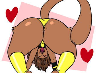 anthro brown_body brown_fur brown_hair butt clothing eyes_closed fangs female fur hair heart_symbol leg_tuft leotard open_mouth rear_view smile solo spats_(footwear) tail teeth thigh_tuft tuft upside_down yellow_clothing yellow_leotard unawarey claire_(unawarey) domestic_cat felid feline felis mammal 4:3 hi_res