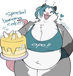 anthro arm_tuft banana belly belly_overhang big_belly big_breasts bottomwear breasts cake cheek_tuft chest_tuft cleavage clothed clothing countershading crop_top dessert ear_piercing ear_ring ear_stud eyeshadow facial_tuft fangs female food fruit grey_body grey_eyes hair hand_behind_back heart_symbol looking_at_viewer makeup navel navel_piercing neck_tuft offering_food offering_to_viewer open_mouth overweight overweight_anthro overweight_female piercing pink_nose plant ring_piercing shirt shorts shoulder_tuft simple_background solo sprinkles tail teal_clothing teal_hair teeth text thick_thighs tongue tongue_piercing tongue_stud topwear tuft white_background white_body white_countershading wide_hips mochimochiland american_opossum mammal marsupial virginia_opossum 2026 english_text hi_res