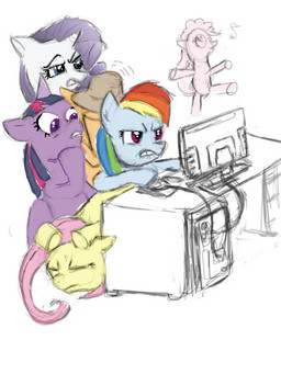 blue_body blue_eyes blue_fur clothing computer cowboy_hat derp_eyes desk electronics female feral fur furniture group hair hat headgear headwear horn internet long_hair multicolored_hair pink_hair purple_body purple_eyes purple_fur purple_hair rainbow_hair red_eyes short_hair simple_background table the_horror two_tone_hair white_background white_body white_fur yellow_body yellow_fur unknown_artist friendship_is_magic hasbro my_little_pony mythology applejack_(mlp) fluttershy_(mlp) mane_six_(mlp) pinkie_pie_(mlp) rainbow_dash_(mlp) rarity_(mlp) twilight_sparkle_(mlp) earth_pony equid equine horse mammal mythological_creature mythological_equine pony unicorn 2011 3:4 reaction_image