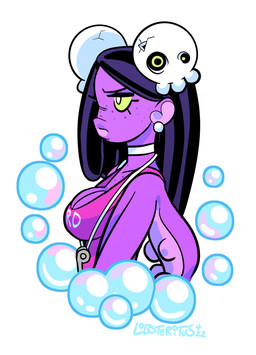 accessory back_tentacles black_hair breasts bubble choker cleavage clothed clothing eyebrows eyelashes female freckled_face freckles hair hair_accessory half-closed_eyes jewelry lifeguard_swimsuit lips long_hair mouth_closed narrowed_eyes necklace pink_one-piece_swimsuit purple_body purple_skin side_view simple_background skull_accessory solo swimwear tentacles text text_on_clothing text_on_one-piece_swimsuit text_on_swimwear thick_lips whistle_around_neck white_background white_choker white_eyes white_jewelry white_necklace yellow_sclera lobsteritus ayo_(lobsteritus) animal_humanoid cephalopod cephalopod_humanoid humanoid marine marine_humanoid mollusk mollusk_humanoid octopus_humanoid 2022 cel_shading dated digital_media_(artwork) half-length_portrait hi_res portrait shaded signature
