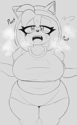accessory anthro big_breasts bodily_fluids bottomwear breasts breath clothing crop_top female hair_accessory hairband navel panting shirt shorts slightly_chubby solo sweat thick_thighs topwear champchidi sega sonic_the_hedgehog_(series) amy_rose eulipotyphlan hedgehog mammal absurd_res hi_res line_art monochrome