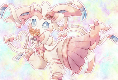 abstract_background blue_eyes blush blush_lines bottomwear bow_(anatomy) bow_tie candy clothed clothed_feral clothing dessert eyelashes female feral food food_in_mouth fur lollipop looking_at_viewer paws pink_body pink_fur ribbons_(anatomy) skirt solo tail remedy0308 nintendo pokemon eeveelution generation_6_pokemon pokemon_(species) sylveon 2024 hi_res signature