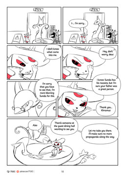 anthro cape clothing dialogue hat headgear headwear male size_difference text ttux3 nintendo pokemon pokemon_khronull boolu_(ttux3) khramuz_(ttux3) eeveelution generation_1_pokemon generation_2_pokemon generation_5_pokemon pikachu pokemon_(species) serperior umbreon absurd_res comic english_text hi_res url