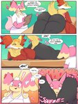 3:4 anthro audino big_breasts big_butt blush breasts butt clothed clothing comic delphox digital_media_(artwork) duo english_text female female/female fur generation_5_pokemon generation_6_pokemon goopyarts hi_res huge_breasts huge_butt hyper hyper_butt inner_ear_fluff mammal nintendo nude pokemon pokemon_(species) raina_(goopyarts) simple_background slightly_chubby slightly_chubby_female smile squish text thick_thighs thigh_squish tuft wide_hips yellow_body