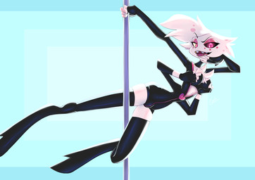 4_arms anthro breasts bulge chest_tuft cleavage clothed clothing dancing eyelashes fingerless_gloves fingers fur gloves gynomorph hair handwear intersex legwear leotard looking_at_viewer multi_arm multi_limb open_mouth pink_eyes pole pole_dancing sharp_teeth simple_background solo stripper stripper_pole teeth thigh_highs tongue tuft underwear white_body white_fur white_hair galo hazbin_hotel hellaverse angel_dust arachnid arthropod demon spider 2023 absurd_res digital_drawing_(artwork) digital_media_(artwork) hi_res