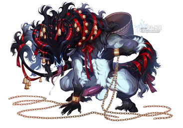 5_fingers anthro balls bell biped chain claws erection fingers fur genitals holidays hooves horn male penis simple_background solo tail tongue tongue_out white_background plna christmas krampus bovid caprine caprine_demon demon goat_demon mammal hi_res