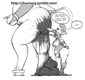 areola bdsm belly big_belly bondage bound breasts clothing collar dialogue duo eating_feces excessive_feces feces feces_in_mouth female footwear high_heels humanoid_pointy_ears hyper hyper_feces leash mohawk nipples pipe pointy_ears rope scatplay shoes text churnurg animal_humanoid elephant elephantid goblin humanoid mammal proboscidean english_text hi_res monochrome url