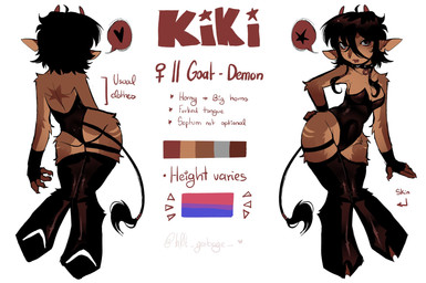 black_hair brown_body brown_fur clothing female fingerless_gloves front_view fur gloves hair handwear heart_symbol hooves horn leotard long_ears multicolored_body multicolored_fur rear_view solo star tail text h0t-garbage kiki_(h0t-garbage) bovid caprine demon goat mammal english_text hi_res model_sheet