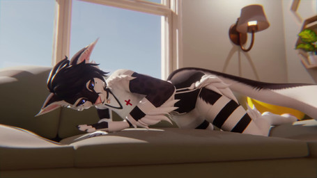 anthro bell bell_collar black_body black_fur body_size_growth bottomwear cheek_tuft clothed clothed_anthro clothing collar facial_tuft female fur furniture growth hair humanoid_hands inside legwear lying markings on_front on_sofa pawpads purple_eyes resting shirt shorts size_transformation sleeping sofa solo spots spotted_markings stretching tail tank_top thigh_highs tired topwear transformation tuft white_body white_fur window funsizedfox felid leopard mammal pantherine 16:9 3d_(artwork) 3d_animation animated digital_media_(artwork) hi_res no_sound short_playtime video widescreen