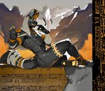4_toes 5_fingers abs anthro athletic athletic_anthro athletic_male black_body black_fur butt clothed clothed_anthro clothed_male clothing duo egyptian egyptian_architecture egyptian_clothing egyptian_headdress feet finger_in_mouth fingers fluffy fluffy_tail footwear fur gesturing_at_viewer hat headgear headwear hieroglyphics jewelry male pawpads pecs solo_focus tail thick_thighs toes wings liuxns egyptian_mythology middle_eastern_mythology mythology anubis background_character anubian_jackal canid canine canis deity jackal mammal hi_res