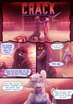 anthro arena blood bodily_fluids clothing corpse death dialogue ear_piercing ear_ring fangs female fur group hair horn killing magic magic_user male neck_grab orange_eyes performance piercing purple_body purple_eyes purple_fur purple_hair ring ring_piercing robe spectators speech_bubble spotlight teeth text ripli a_story_with_a_known_end rivenlod_rygers canid canine demon felid feline mammal vampire 2025 comic digital_media_(artwork) english_text hard_translated translated