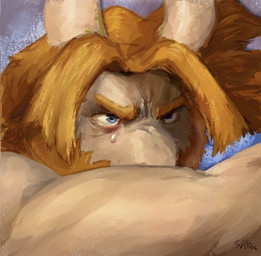 2_horns angry anthro beard blonde_beard blonde_facial_hair blonde_hair blue_eyes bodily_fluids crying eyebrows facial_hair fur hair horn male monotone_hair simple_background solo tears white_body sato_leone fallen_angel_(painting) undertale_(series) asgore_dreemurr boss_monster_(undertale) bovid caprine goat mammal 2026 digital_media_(artwork) digital_painting_(artwork) hi_res inspired_by_formal_art painting_(artwork)