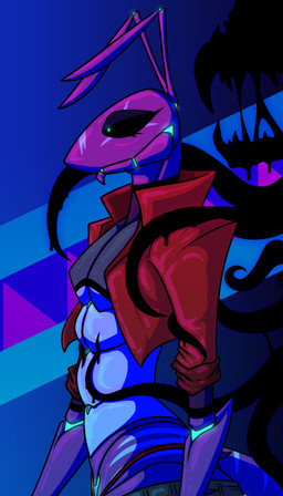antennae_(anatomy) anthro bottomwear clothed clothing cropped_jacket eldritch eyeshadow fishnet_clothing glowing glowing_eyes makeup male pants rolled_up_sleeves segmented_body simple_background solo teeth tentacles thong topwear underwear redgreenfluffball zach_snowfox arthropod eldritch_abomination eldritch_being insect mantis monster 4:7 absurd_res digital_media_(artwork) hi_res