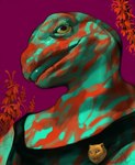 abstract_background ambiguous_gender blue_tongue brooch clothing low-angle_view plant shirt smile tank_top tongue topwear mighty-whydah lizard reptile scalie digital_media_(artwork) digital_painting_(artwork) painting_(artwork) portrait female_(lore)