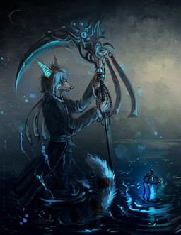 anthro clothed clothing eyewear glasses lamp lantern male melee_weapon polearm scythe solo water weapon nukerooster canid canine mammal 2014
