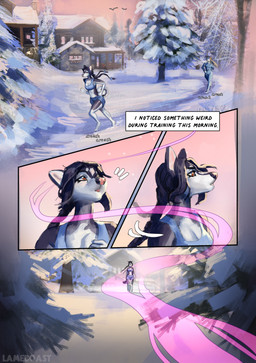 anthro barefoot bottomwear bra breasts clothed clothing digitigrade exercise feet female fur hair midriff outside plant running scent shorts smile snow solo sports_bra tail text toes tracking tree underwear lameboast artica_(lameboast) canid canine canis domestic_dog mammal comic digital_media_(artwork) english_text hi_res