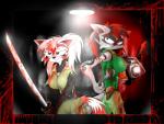 anthro blood bodily_fluids chainsaw duo katana melee_weapon military power_tool soldier sword tattoo tools warrior weapon gonein10seconds saya shelby ailurid mammal procyonid raccoon red_panda hi_res