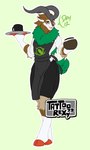 2022 anthro apron beverage bottomwear brown_body clothing coffee container cup english_text fur generation_6_pokemon gogoat green_background green_body green_fur hi_res horn male nintendo pokemon pokemon_(species) red_eyes shirt shorts simple_background smile solo tail tattoorexy text topwear