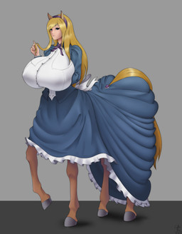 big_breasts blonde_hair blue_eyes breasts brown_body brown_fur clothed clothed_taur clothing dress female fur hair hooves horse_ears noblewoman solo standing tail taur_clothing coffeeslice european_mythology greek_mythology mythology estelle_bellegarde centaur equid equid_taur humanoid_taur mammal mammal_taur taur absurd_res hi_res
