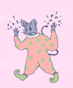 ambiguous_gender anthro bell cheek_tuft clothed clothing clown clown_costume confetti facial_tuft fingers frilly looking_at_viewer silly tail tuft walking totalstinker ambiguous_species hybrid colored hi_res sketch nonbinary_(lore)