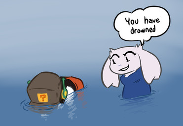anthro baseball_cap big_ears black_clothing black_shirt black_topwear blue_clothing blue_sweater blue_topwear bottomwear clothing dialogue drowned duo electronics facial_scar female floppy_ears fur fur_tuft hat head_gear headgear headphones headwear looking_at_another lop_ears machine male male/female outline pants partially_submerged red_bottomwear red_clothing red_pants scar shirt simple_background simple_eyes smile speech_bubble standing_in_water sweater text text_on_baseball_cap text_on_clothing text_on_hat text_on_headwear topwear tuft water white_body white_fur totalgary cave_story vinesauce quote_(cave_story) sue_sakamoto android humanoid lagomorph leporid mammal mimiga rabbit robot robot_humanoid digital_drawing_(artwork) digital_media_(artwork) english_text hi_res