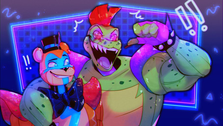 abstract_background anthro barazoku biceps black_eyebrows blue_background blue_body bodypaint bow_tie bracelet claws close-up clothing duo exclamation_point eyebrows eyewear face_paint fangs gesture glasses gloves green_body green_nose hair hand_gesture handwear hat headgear headwear jewelry looking_aside looking_away machine male manly mohawk multicolored_body muscular muscular_anthro muscular_male open_mouth orange_body orange_ears pointing pointing_at_self purple_background purple_tongue raised_arm red_hair rockstar round_ears sharp_teeth short_hair simple_background size_difference smile smirk spiked_bracelet spikes standing star star_glasses tan_body tan_ears teeth tongue top_hat triceps yellow_body yellow_eyes larahhhhhhish five_nights_at_freddy's five_nights_at_freddy's:_security_breach scottgames steel_wool_studios glamrock_freddy montgomery_gator alligator alligatorid animatronic bear crocodilian mammal reptile robot scalie 2020 half-length_portrait hi_res portrait