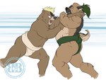 anthro asian_clothing bulge butt clothing duo east_asian_clothing green_clothing japanese_clothing male mawashi overweight overweight_anthro overweight_male sumo_wrestler sumo_wrestling white_clothing bruteandbrawn lifewonders tokyo_afterschool_summoners ashigara_(tas) yasuyori_(tas) bear canid canine canis domestic_dog mammal