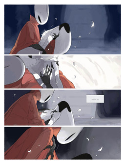 anthro biped black_body black_eyes bodily_fluids carrying_another cloak clothing detailed_background duo dying ellipsis empty_eyes eyes_closed female female_anthro female_humanoid gash holding_another mouthless partially_submerged red_cloak red_clothing silk spa speech_bubble sweat sweatdrop unconscious water white_body worried wounded darkdog hollow_knight:_silksong hollow_knight_(franchise) team_cherry hornet_(hollow_knight) lace_(hollow_knight:_silksong) arthropod humanoid 2025 absurd_res comic digital_drawing_(artwork) digital_media_(artwork) hi_res