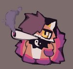 ambiguous_gender biped black_body black_fur brown_background drugs fur hair marijuana orange_body orange_fur purple_hair semi-anthro simple_background smoking solo standing yakkotsuki yuki_(labbit) canid canine fox mammal hi_res